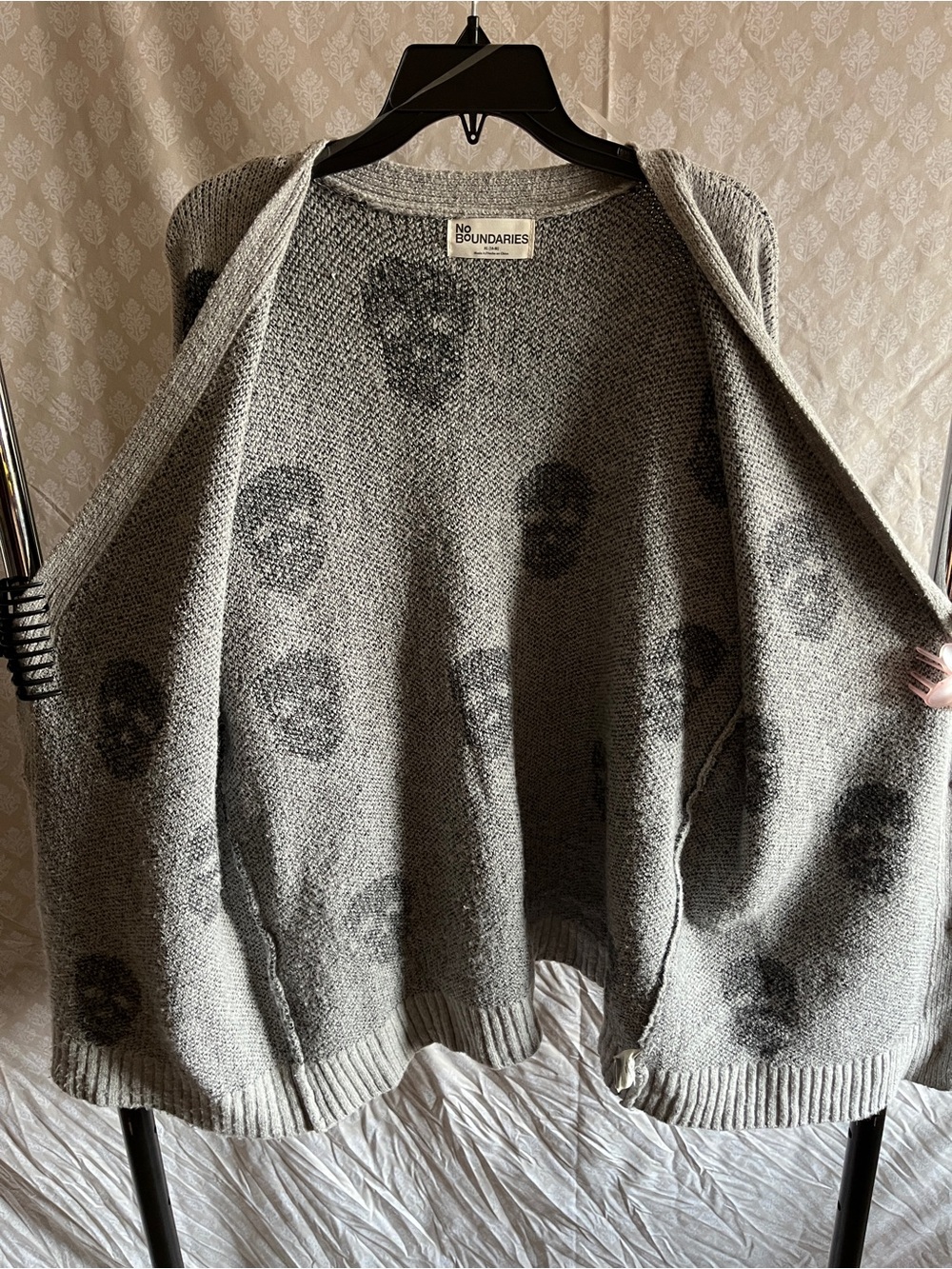 No Boundaries Light Gray Cardigan with Black Skull Pattern - Picture 6 of 7